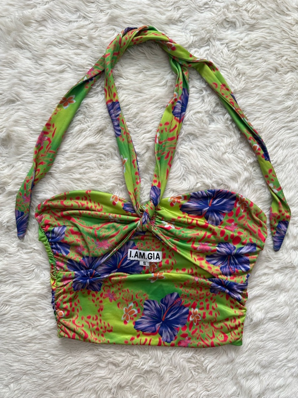 I.AM.GIA Top Isabella Halter Crop Top Cut Out Hibiscus Tropical Hawaiian Sz S
